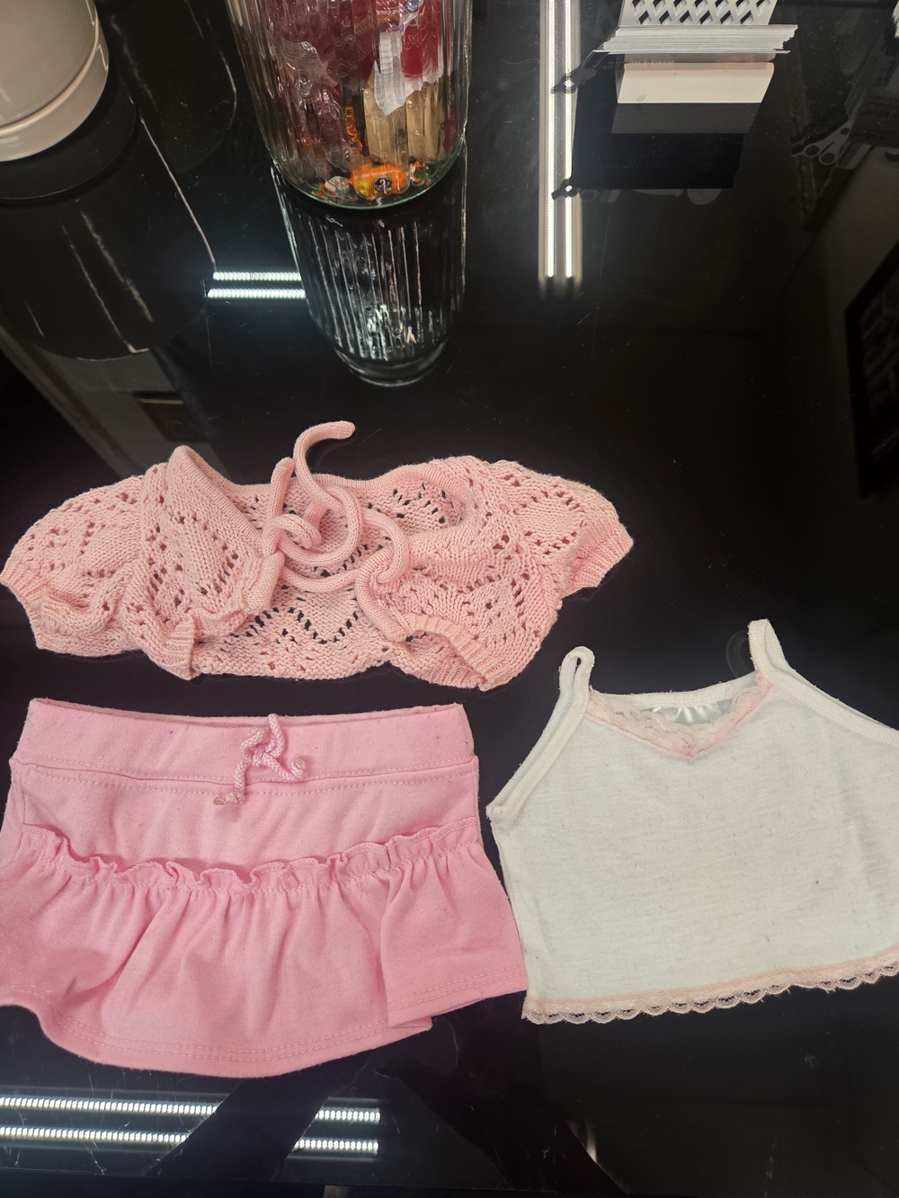 clothes for a puppy, Pink Knit Shrug, Pink Skirt and White-Pink Tank Top Set